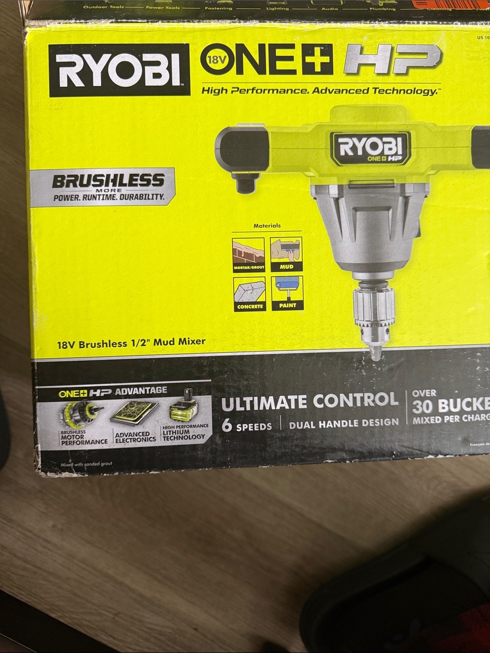 RYOBI 18V ONE+ HP Brushless 1/2" Mud Mixer - Neon Yellow/Black. New open box
